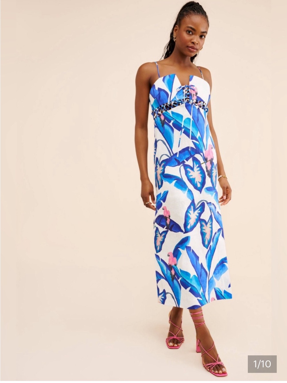 FARM Rio Blue Tropical Leaf Strap Midi Dress with Pink Accents